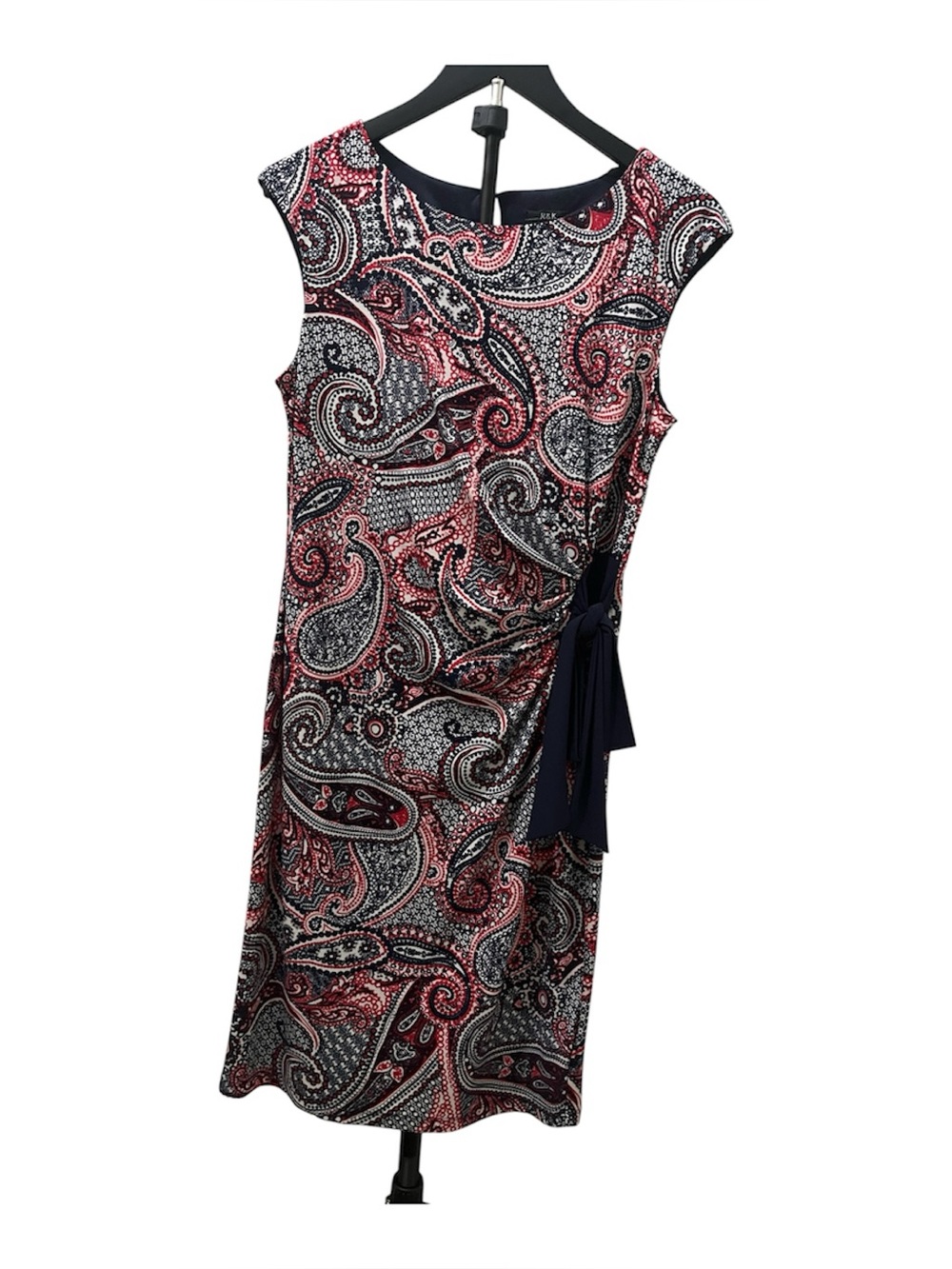 R&K Paisley Midi Sheath Dress in Navy, Red & White